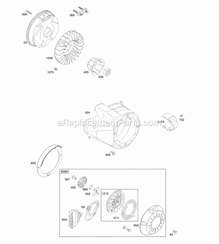 Blower HousingShrouds Flywheel Rewind Starter Diagram and Parts List for 20M114-1364-E1  Briggs and Stratton Engine